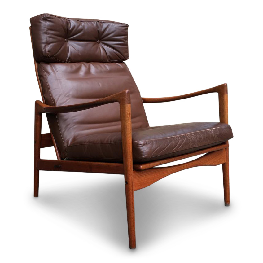 High Back Brown Leather Teak Easy Chair By Ib Kofod Larsen For Ope